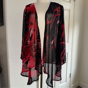 Women’s L Sheer Chiffon Open Front Kimono Red Black Abstract Blouse Vintage